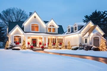 White home in snow with warm roofline lights and wreaths